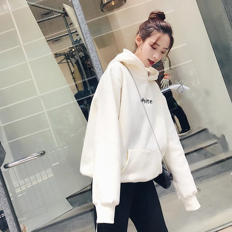 Новый женский свободный пуловер с капюшоном на флисовой подкладке осенне-зимнее