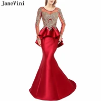 janevini elegant red prom dress scoop neck gold appliques beaded backless satin dresses long sleeves mermaid women formal gowns