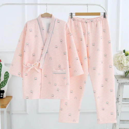 pink cat sets Женский пижамный комплект зима утолщение юката нижнее белье японский халат-Кимоно Костюмы для пар Ночная рубашка одежда для сна халат для отдыха - Цвет: pink cat sets