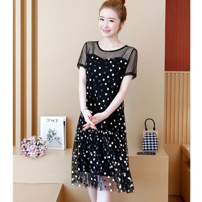 Summer printing women's clothing Sexy mesh stitching dresses Elegant slim plus size dress female 2019 | Женская одежда