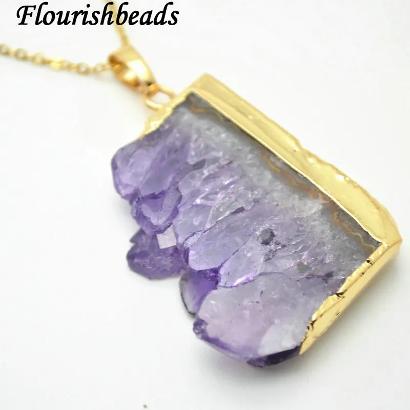 

Natural Drusy Amethyst Bail on Side Square Shape Stone Pendant Linked Chains Necklace Fashion Woman Jewelry