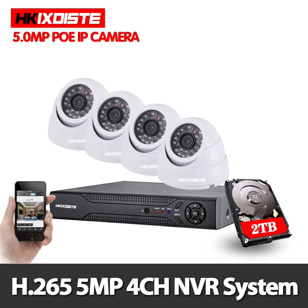 Система видеонаблюдения H.265 4 канала 5 МП POE NVR HD IP камеры с записью звука комплект