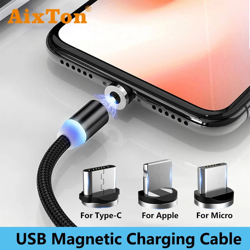 Магнитный зарядный кабель AIXTON 1 м Micro USB для iPhone XR XS Max X Type-C светодиодный провод |