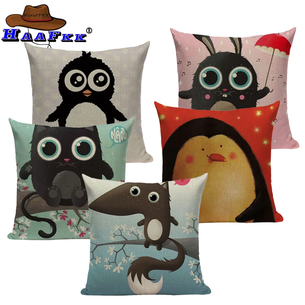 Симпатичная декоративная наволочка с милым пингвином совой хлопковая льняная