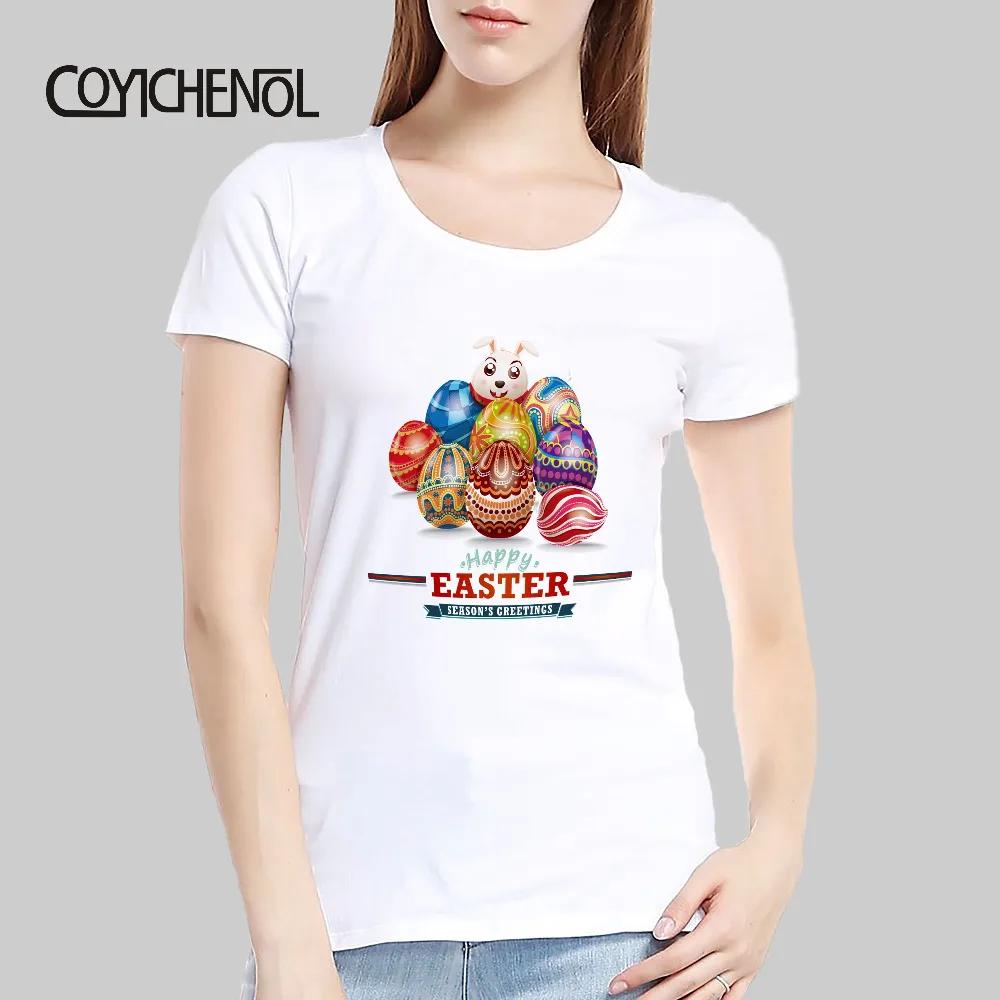 

Easter Eggs Easter Bunny printed tshirt women short Sleeve slim tops Modal funny design o-neck women T-shirt COYICHENOL