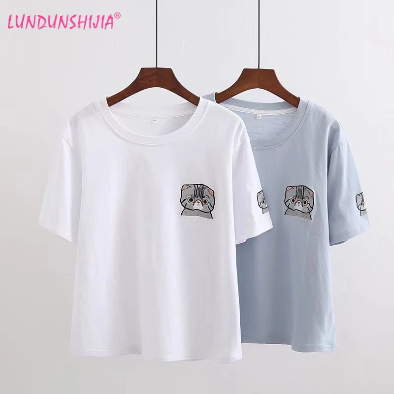 LUNDUNSHIJIA женская футболка с маленьким серым котом вышивкой Лето 2017 Модный женский