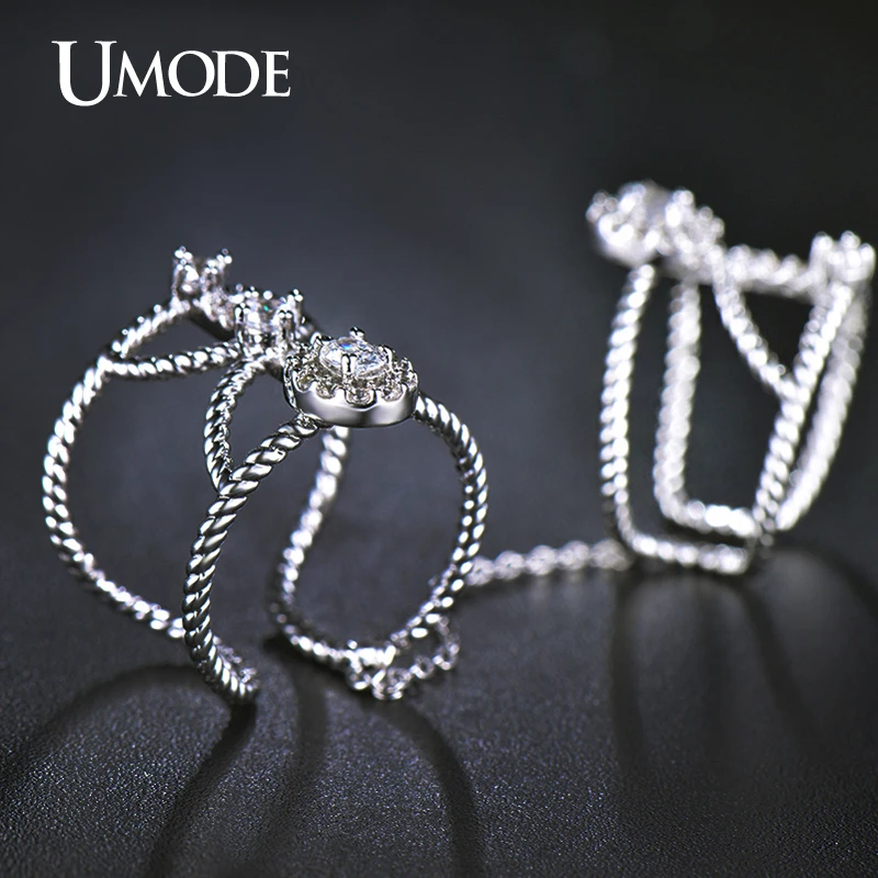 UMODE кольцо на палец белого золота цвет CZ регулируемые двойные кольца с цепочкой для женщин трендовые ювелирные изделия AUR0267