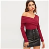 SHEIN, белая Асимметричная Однотонная футболка с круглым вырезом, вязанная в рубчик, приталенный, вечерние, Повседневный пуловер, рубашка с длинным рукавом, осень, женская футболка, Топ