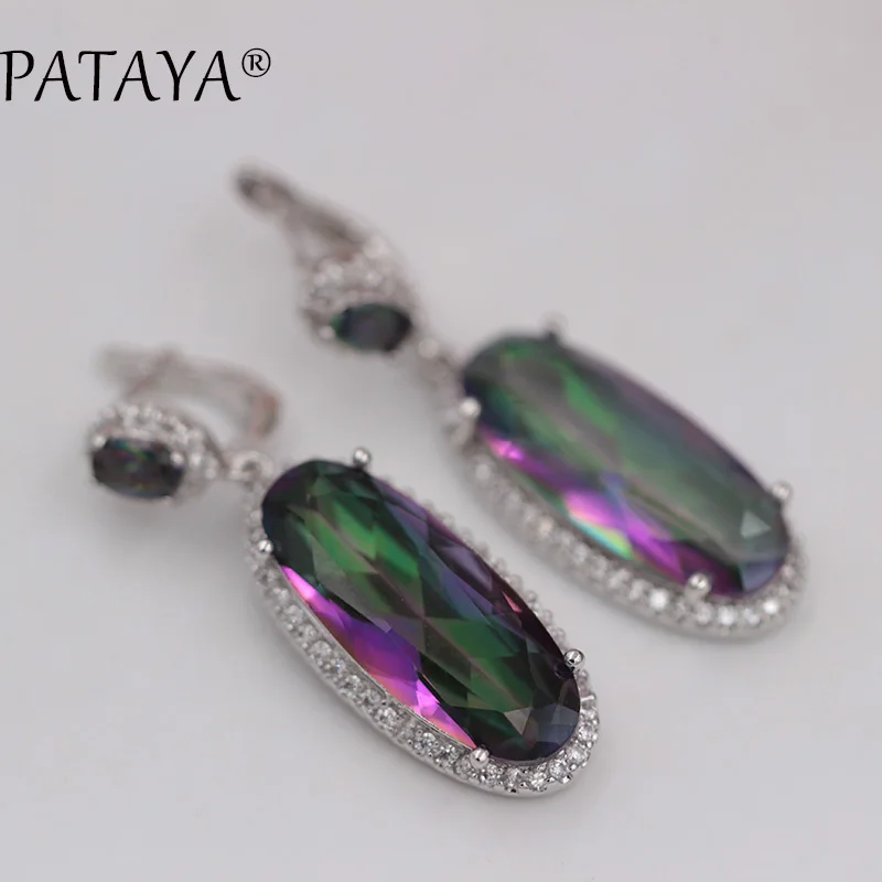 PATAYA новые женские свадебные изысканные ювелирные изделия Настоящее Белое золото Висячие Серьги AB многоцветные овальные натуральные длинные серьги из циркония