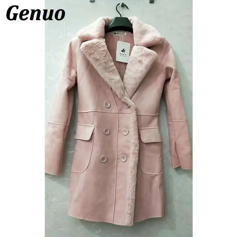 Pink Genuo Women's Winter Coat Thick Warm Cashmere Woolen Coat Female Turn-down Collar Long Winter Jacket Women Wool Jackets Outfits - Color: Pink