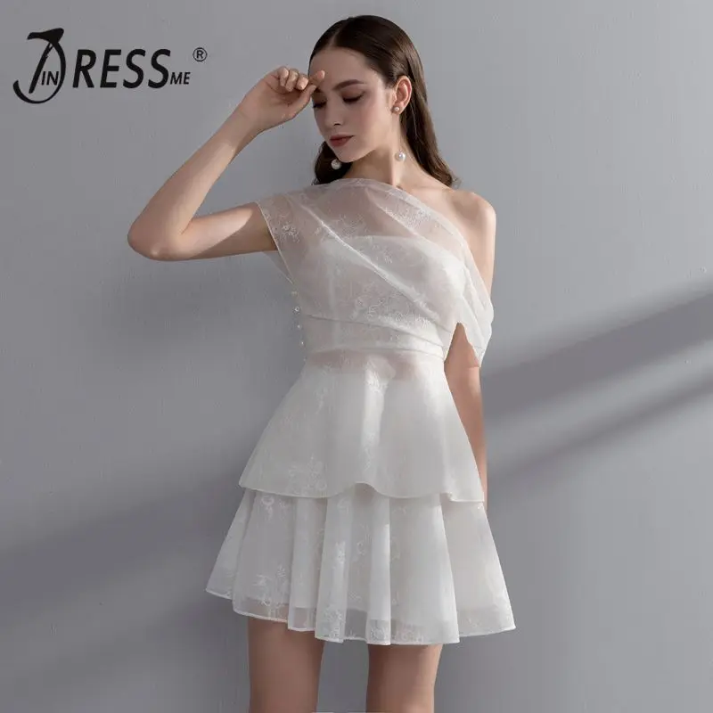 INDRRESSME 2019 Women Outfit Party Dress Off the Shoulder Mesh Ruffle Mini White Clothing With Pearl Detailing | Женская одежда
