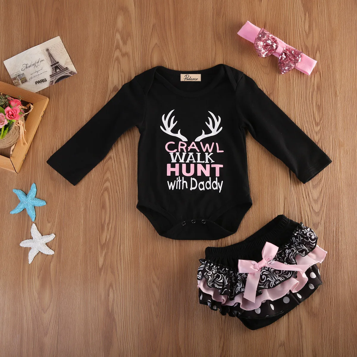 2018 Рождество 3 шт Черная охота с папой новорожденных девочек Комбинезон пачка
