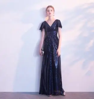 DongCMY Длинные Формальные платья черного цвета Evevning с короткими рукавами Vestido элегантные женские вечерние платья Robe de soiree - Цвет: navy