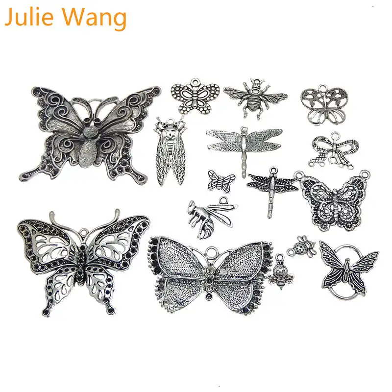 Antique Silver Julie Wang, 10 шт., Микс в случайном порядке, Бабочка, стрекоза, амулеты, сплав, насекомое, античная бронза, серебро, ожерелье, браслет, изготовление ювелирных изделий - Окраска металла: Antique Silver