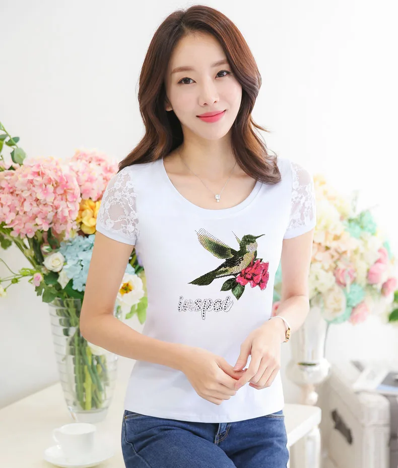 Camisetas Mujer летняя Стразы футболка Для женщин кружева короткий рукав леди, поставленные зоводами непосредственно Для женщин s футболка Женские ромбовидные Топы