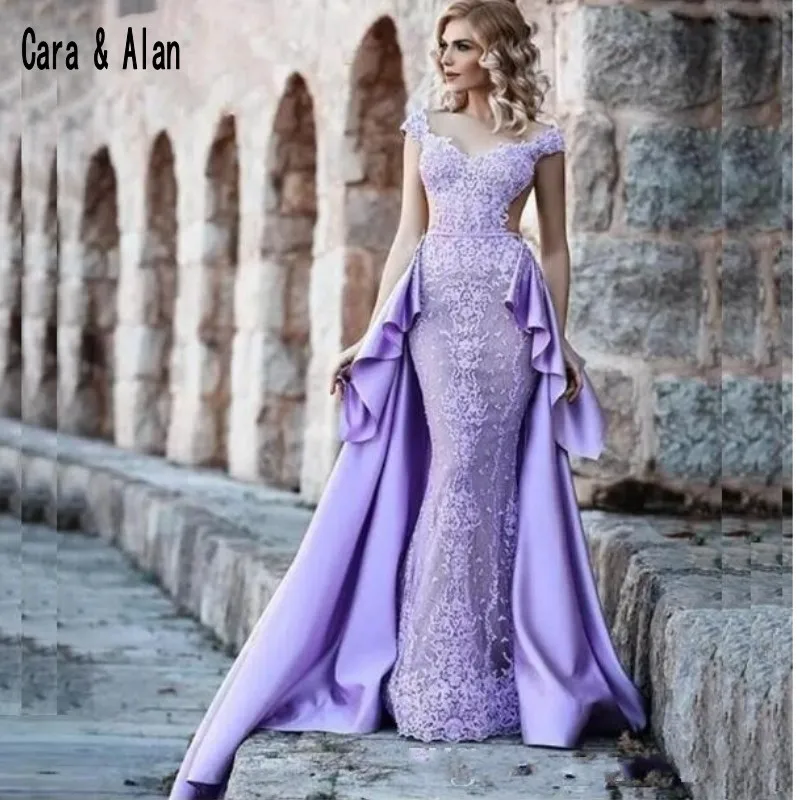 Кружевное сиреневое вечернее платье русалки со съемным шлейфом для особых