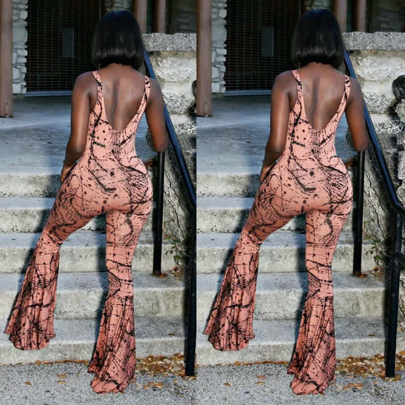 Женский комбинезон с открытой спиной Летний без рукавов геометрическим узором и