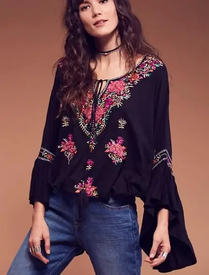 Черный Boho блуза с цветочной вышивкой, с длинным рукавом, v-образный вырез, повседневная, праздничная, шикарная, богемная, свободный стиль, Женский Топ, блузки в стиле хиппи - Цвет: Черный