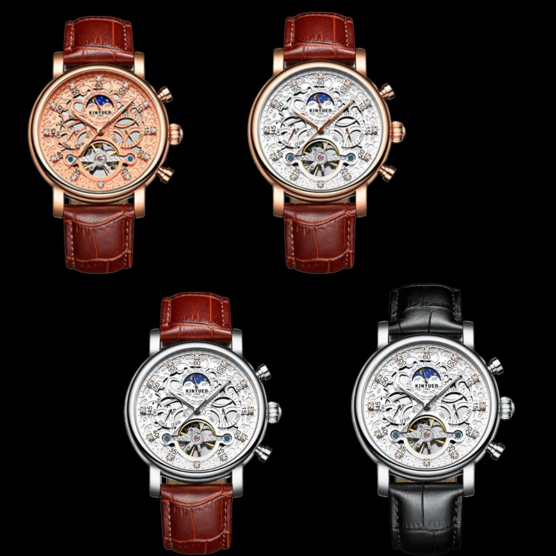 KINYUED Мужские механические часы бизнес кожа наручные часы Moon Phase Tourbillon автоматические мужские часы Скелет Мужские часы