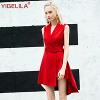 yigelila women red ol dress fashion elegant v neck sleeveless empire slim knee length solid party dress 64439