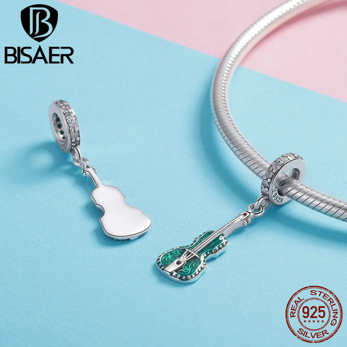 BISAER 925 пробы серебро Музыка Скрипка талисманы зеленый кубический циркон кулон в виде скрипки подходят для женщин Браслеты и ожерелья ювелирные изделия ECC1097