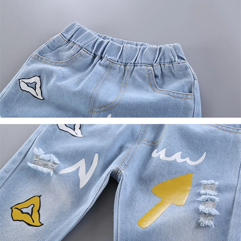 Штаны для маленьких девочек брюки с героями мультфильмов джинсовые рваные