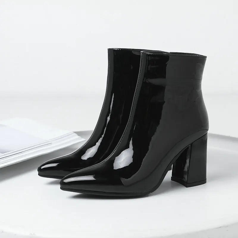 Silver Gold Black Pointed Toe Ankle Boots for Women Patent Leather Thick Heel Boots Ladies Party Winter Boots Women Short Boots
