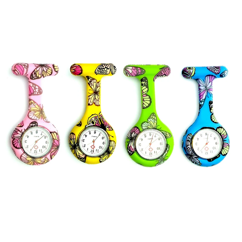 

Women Fashion Butterfly Pattern Animal Printed Pockets Watch Ladies Doctor Medical Fob Silicon Nurse Watch Tunic Brooch Watches