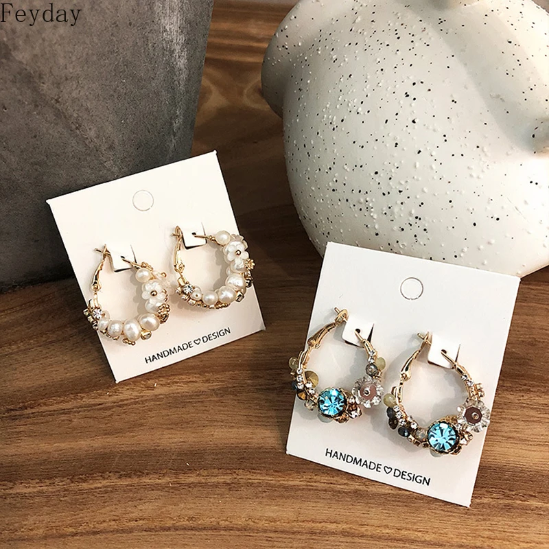 

2020 New Bohemia Pearls Rhinestone Hoop Earrings Small Round Circle Earring for Women Party Fashion Jewelry