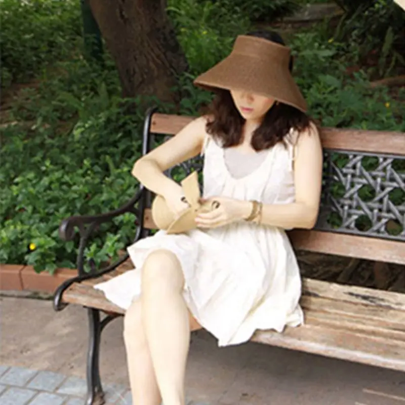 Шляпа женская Соломенная Складная с открытым верхом и бантом регулируемая