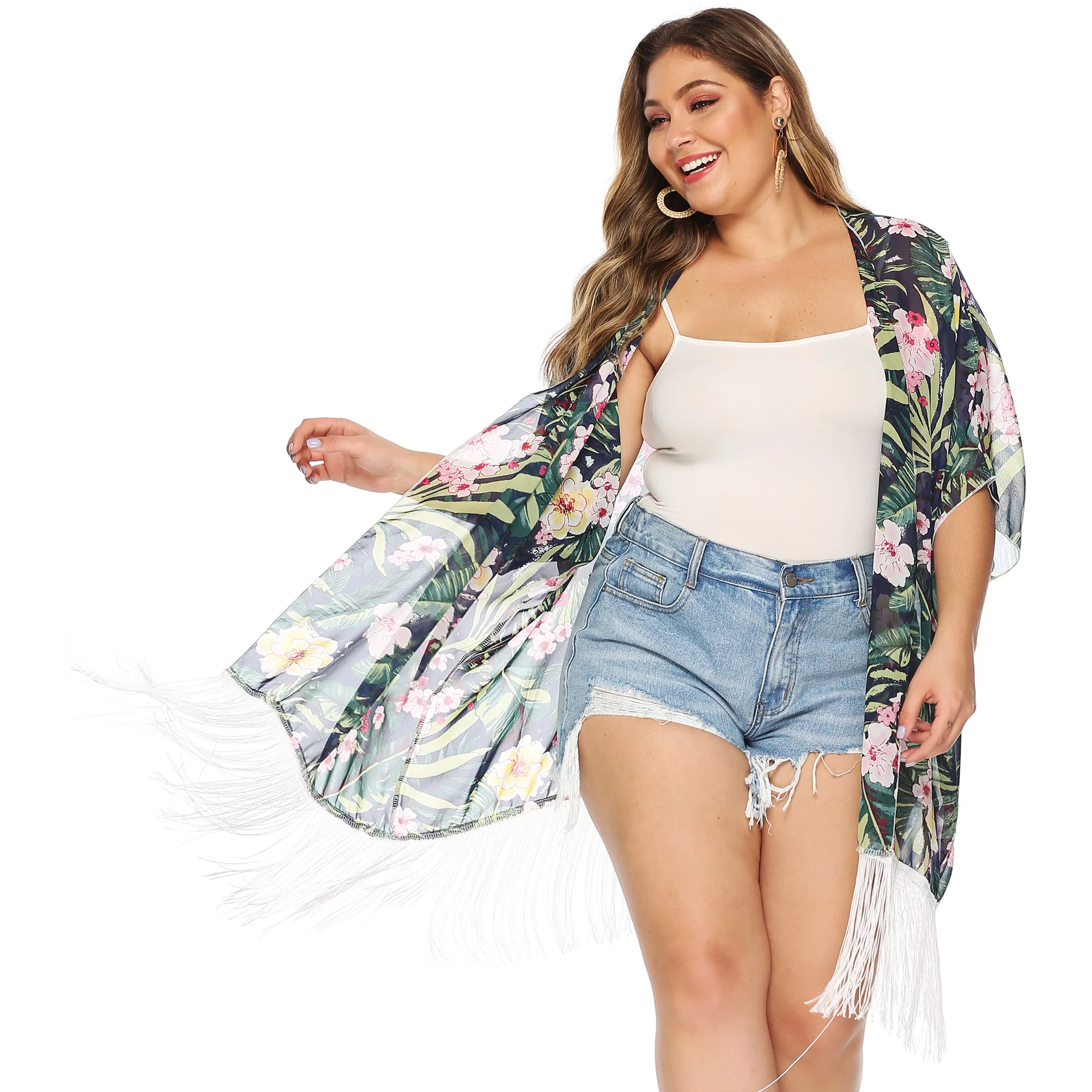 Женская свободная Длинная блузка Кардиган большого размера с вышивкой и