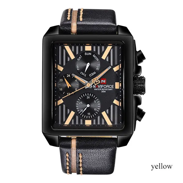 yellow NAVIFORCE новые китайские Брендовые мужские часы Роскошные спортивные кварцевые часы Прямоугольные циферблаты 30 м водонепроницаемые Авто Дата красный кожаный ремешок - Цвет: yellow