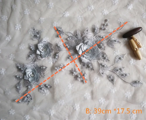 Серебристо-серая Кружевная аппликация из бисера с 3D цветочной аппликацией