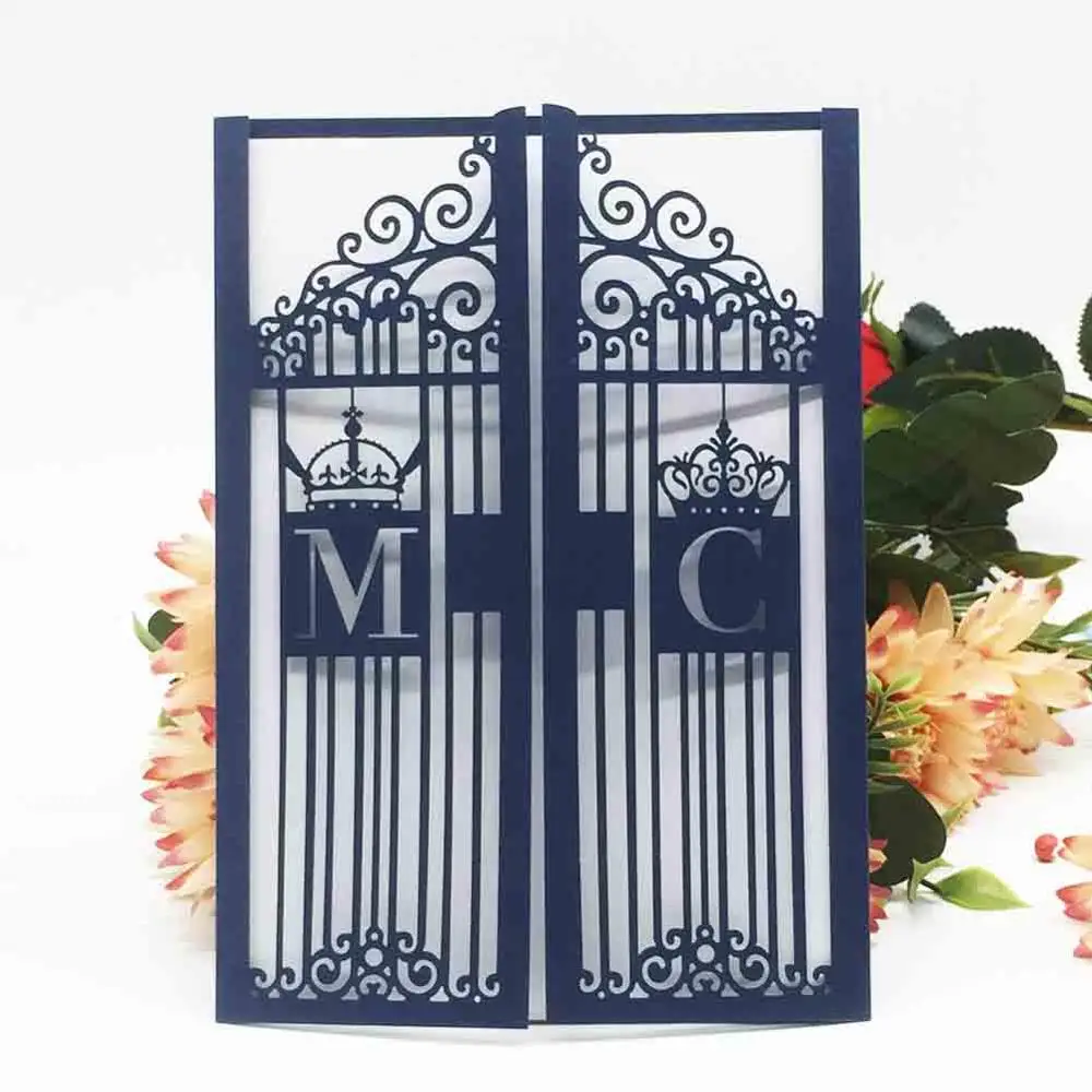 

100pcs/lot Black Laser Cut Wedding Card With Door Design Custom Initial Name Wedding Invitations Engagement Invite Cards