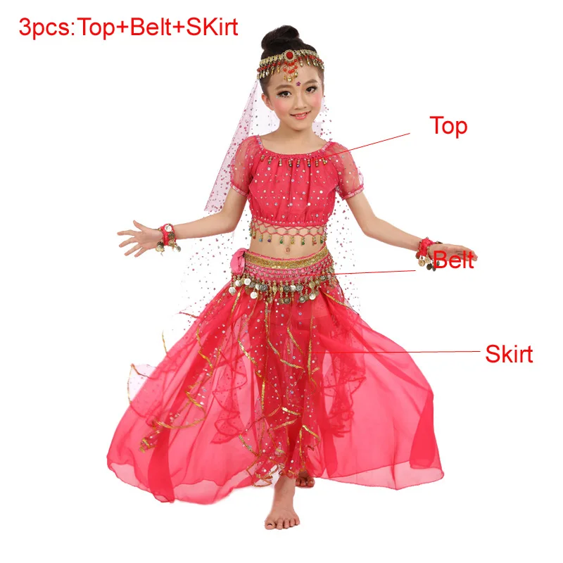3pcs Red 7 шт./Комплект из 3 предметов костюмы для танца живота Дети Танец живота Костюм восточного танца костюмы для танцоров одежда индийские танцевальные костюмы для детей - Цвет: 3pcs Red