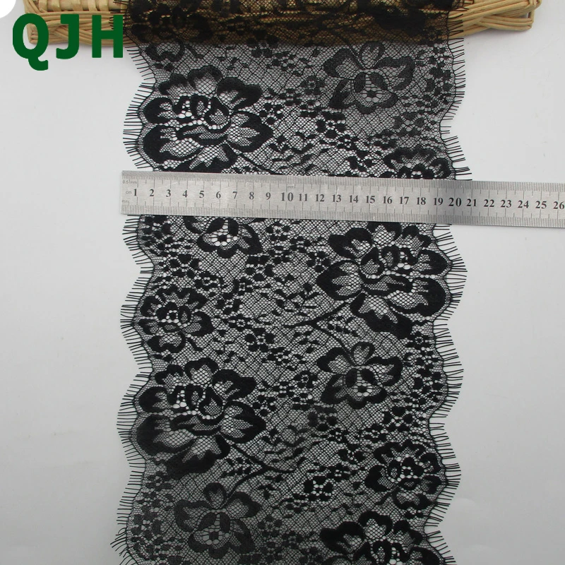 

QJH 3Meter/Lot 21cm Width Black Eyelashes Lace Trim Fabric Exquisite Embroidered DIY Underwear&Wedding Dress Lace Material
