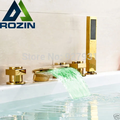 Бортике led 3 цвета Водопад Ванная комната Смеситель кран с ручной душ золото Цвет