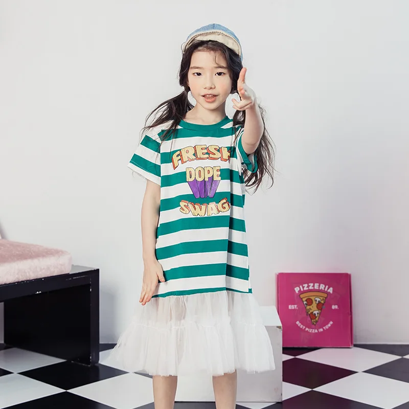 2018 New Summer Ins Short-sleeved Girls Dress Casual Stripes Kids Cartoon Princess Dresses Children's Clothing | Детская одежда и