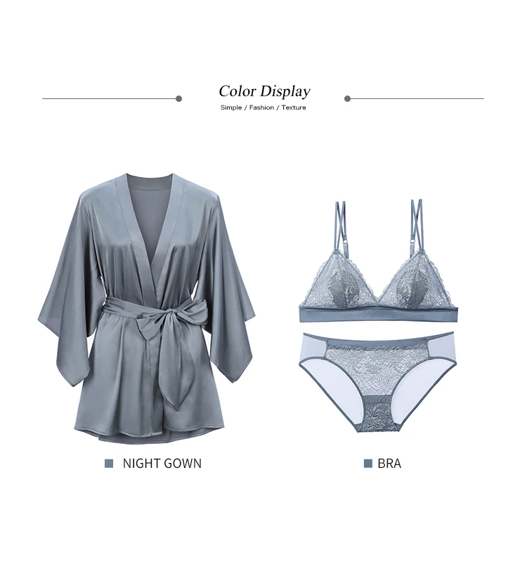 LILYMODA, 3 шт., женский халат, шелковое сексуальное кимоно, ночная рубашка, ночная рубашка+ кружевной бюстгальтер, бюстгальтер, треугольная чашка, сексуальный комплект нижнего белья