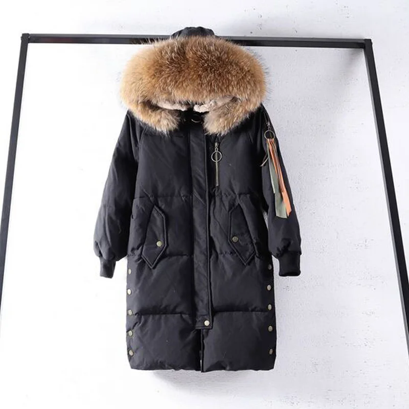 Женская длинная куртка на белом утином пуху свободная Толстая парка с капюшоном