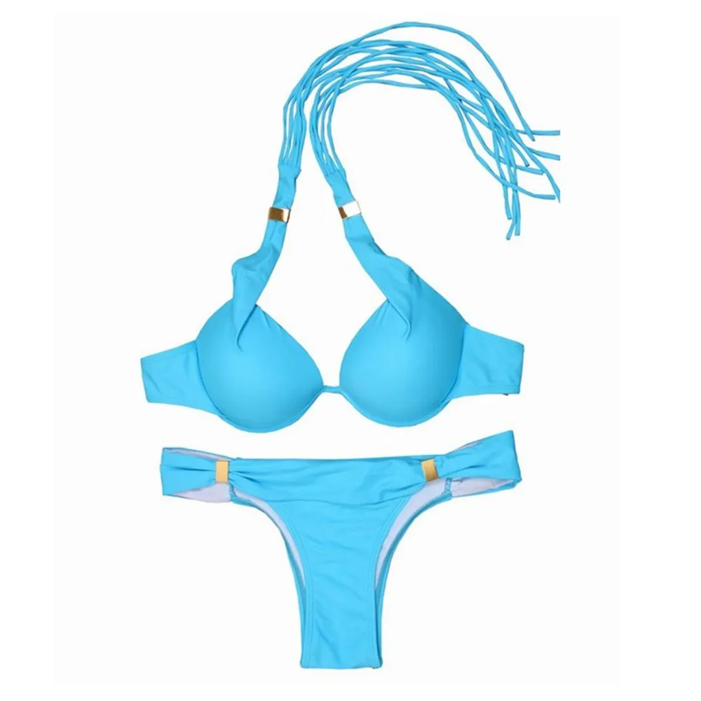 2018 New Sexy Push up Blue Orange Brazilian Tassel Bikini set Padded Women Halter Swimwear Big size Female Bathing suit |