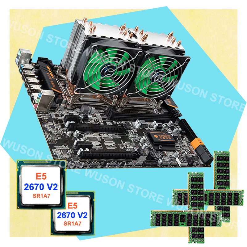 Аппаратное обеспечение ПК huanan Zhi dual cpu X79 LGA2011 материнская плата 64G ram REG ECC Dual cpu Intel Xeon E5 2670 V2 SR1A7 с кулерами