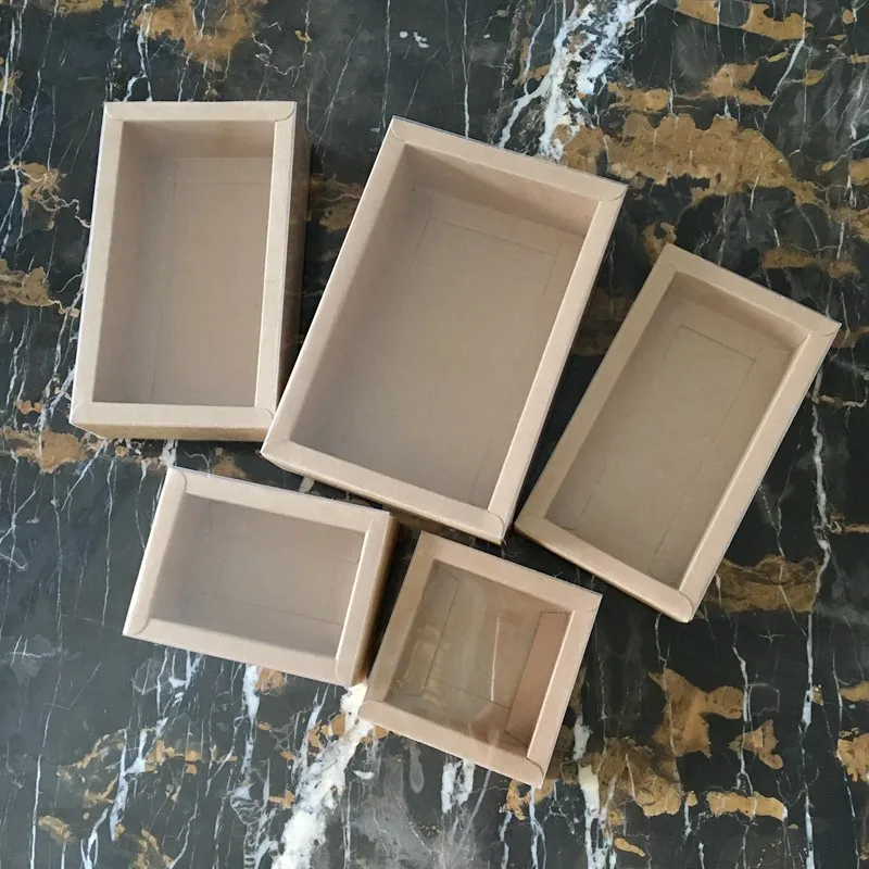 10 шт коричневая крафт бумажная коробка прозрачный ПВХ раздвижной ящик Упаковка