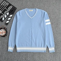 japanese jk pullovers sweater water blue white bar v neck long sleeve uniforms sweater center twist decoration