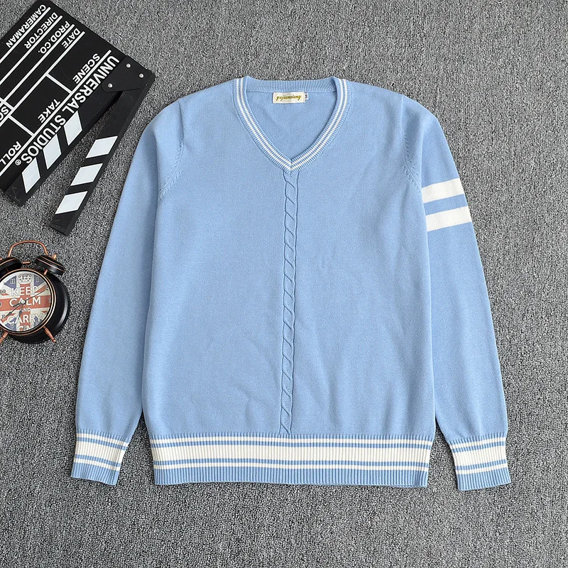 Japanese JK pullovers sweater water blue white bar V neck long sleeve uniforms Center twist decoration | Женская одежда