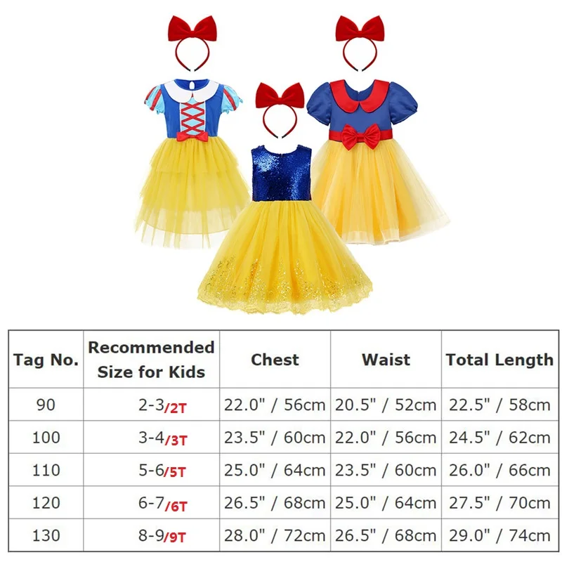 

2pcs Girls Clothes Cute Snow White Princess Costume Pleated Tulle Dress Headband Kids Child Birthday Outfit for Photo Shoot 2-9Y