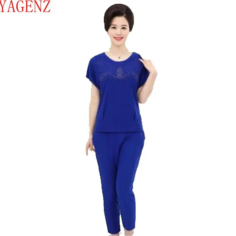 

2018 Middle-aged Ladies suits New Summer clothes 2 Piece set Women Loose Large size Tops + Pants Fashion Sporting suit set 1096