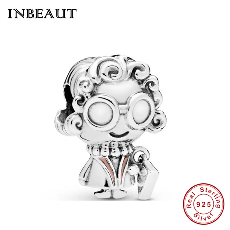 INBEAUT 925 пробы, милые очки, кудрявые волосы, бусины гандочки, браслет Пандора, подвески для девушки