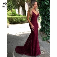 sexy burgundy mermaid evening dresses long with appliques lace v neck zipper back lace backless evening gowns prom dress