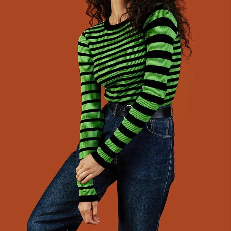 Женские пуловеры в зеленую полоску винтажные облегающие свитера с круглым